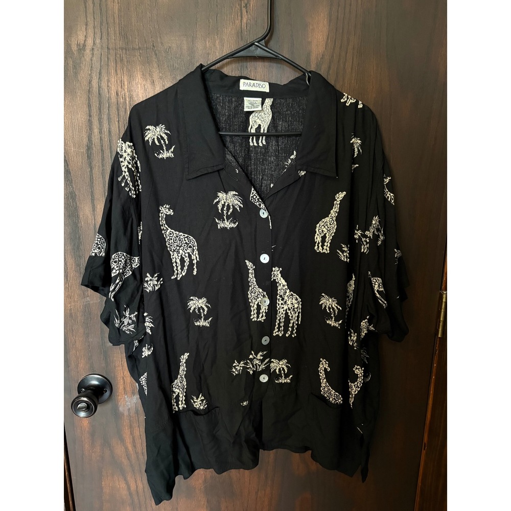 Paradiso Womens 3X Black Giraffe Palm Tree Beaded Rayon Button Up Shirt Tropical